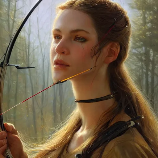 Prompt: beautiful archery girl, bow hunting women, archerty with bow and arrows, uart by donato giancola and greg rutkowski, realistic face, digital art, trending on artstation