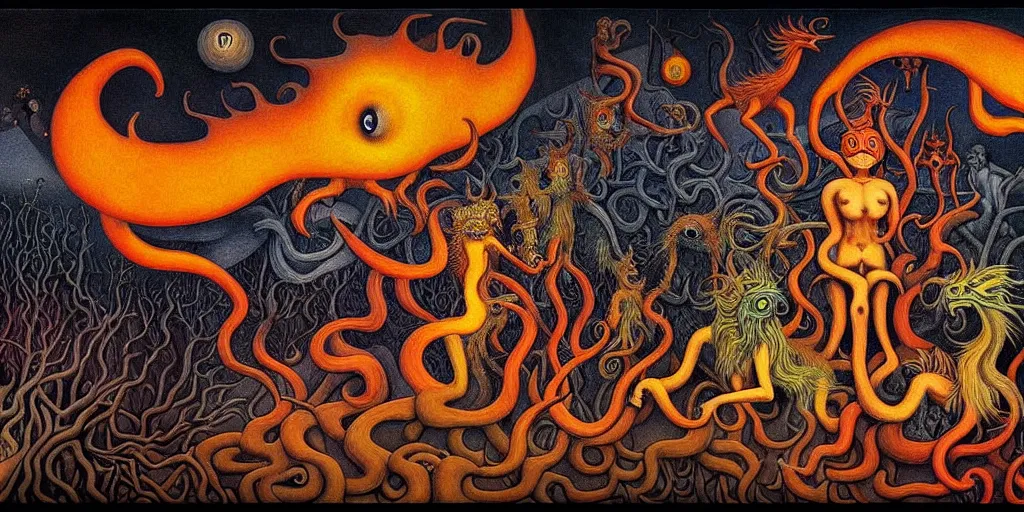 Prompt: fiery wild creatures and monsters in the imaginal realm of the collective unconscious, in a dark surreal painting by johfra, mc escher and ronny khalil