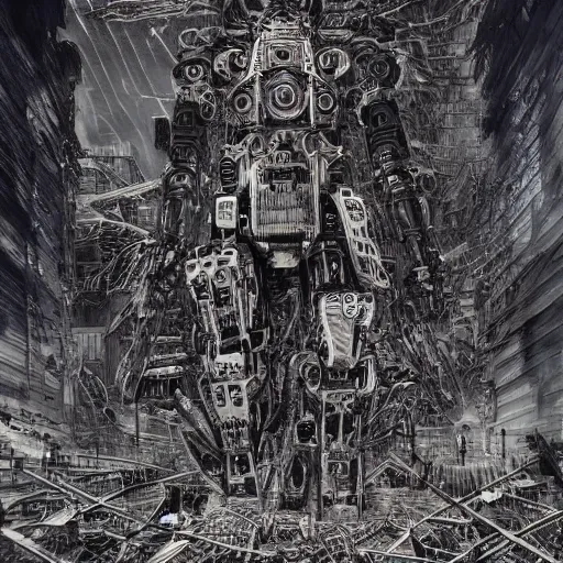 Image similar to mecha from hell, wind, hell machine, by nekro godmachine victo ngai yoji shinkawa junji ito shintaro kago apophasis hyperrealism, ominous, dark powers, incredible, huge, cityscape destruction,