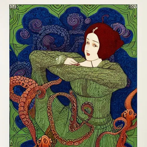 Prompt: ivan bilibin and edmund dulac and ilya kuvshinov inspired print of octopus