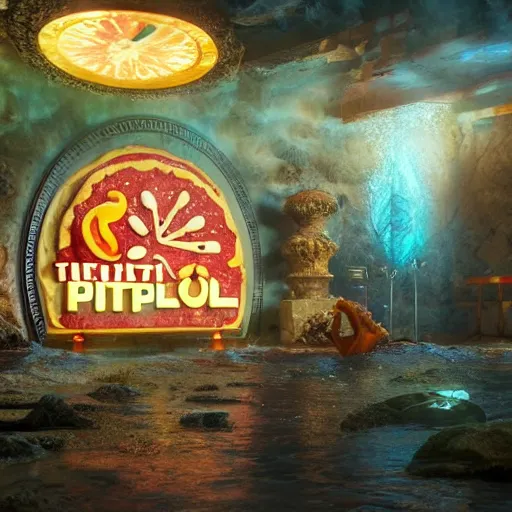 Image similar to the combination Pizza Hut and Taco Bell at the centre of the lost city of Atlantis, fantasy art, hyperrealistic, volumetric lighting, 8K octane render, popular on artstation