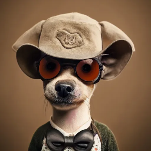 Image similar to closeup portrait of a little funny dog with a rifle retro living room, depth of field, zeiss lens, detailed, centered, fashion photoshoot, by nicoletta ceccoli, mark ryden, lostfish, breathtaking, 8 k resolution, extremely detailed, beautiful, establishing shot, artistic, hyperrealistic, octane render,
