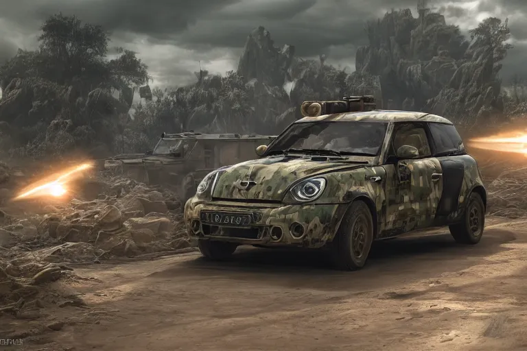 Prompt: armored battle mini cooper, military, weapons, digital painting, extremely detailed, sharp focus, camo, octopath traveler, unreal engine 5 highly rendered, global illumination, radiant light