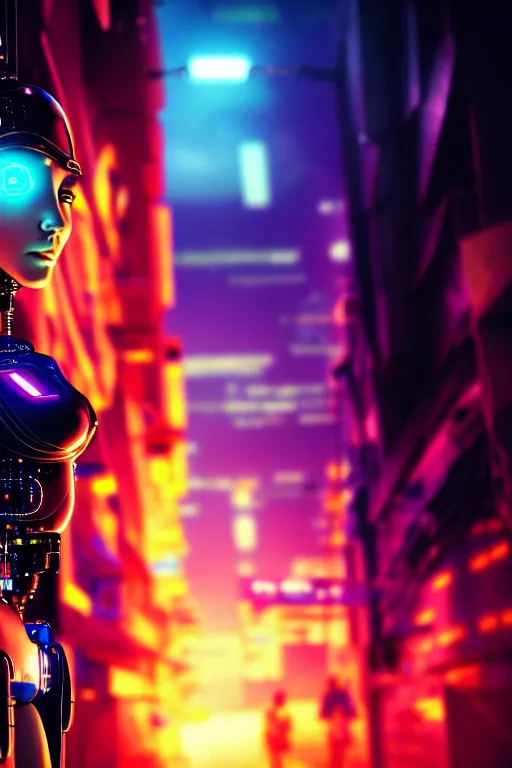 Image similar to a photo close up cyberpunk half robot half girl stands in a cyberpunk cambodian street, at night, photorealistic, cinematic lighting, very detailed, style by tomino - sama