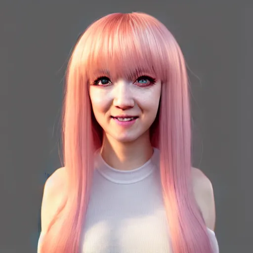 Image similar to A portrait of Nikki from Shining Nikki and Love, a cute 3d cgi toon young woman with long light pink hair, full bangs, hazel eyes, full face, light makeup, pale skin, Chinese heritage, cute outfit, medium shot, mid-shot, hyperdetailed, 8k, trending on artstation, as a Pixar character