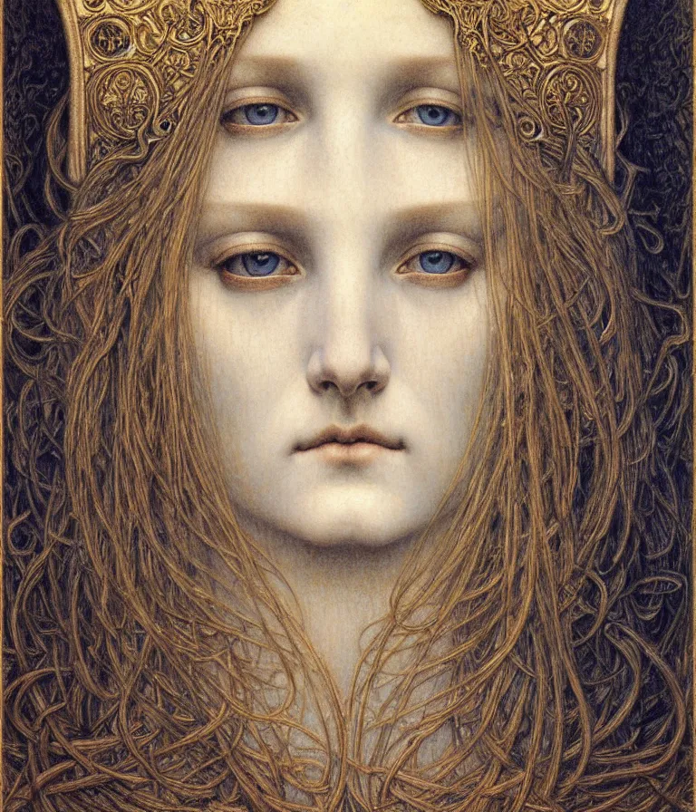 Image similar to detailed realistic beautiful young medieval queen face portrait by jean delville, gustave dore and marco mazzoni, art nouveau, symbolist, visionary, gothic, pre - raphaelite. horizontal symmetry