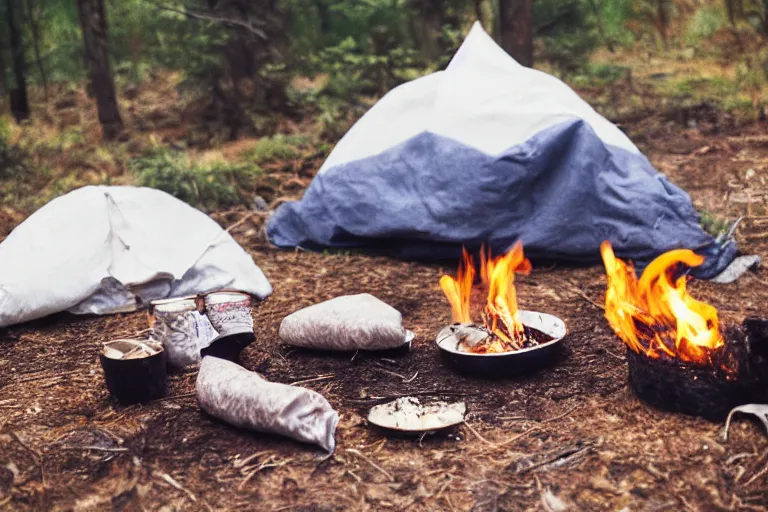 Image similar to outdoor camping with burritos as sleeping bags, bonfire, animals looking, fuji film, realistic