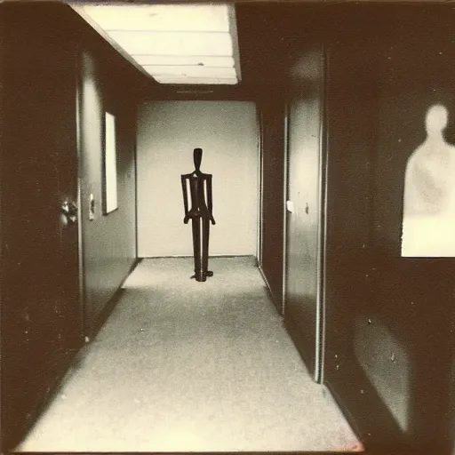 Image similar to An old polaroid photograph of a creepy liminal office space with a tall slender scary figure in the hall