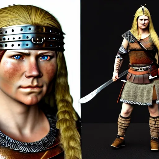 Image similar to a beautiful viking female warrior, realistic, highly detailed.