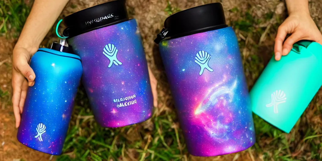 Image similar to hydro Flask, space, galaxy, glow, neon, closeup,