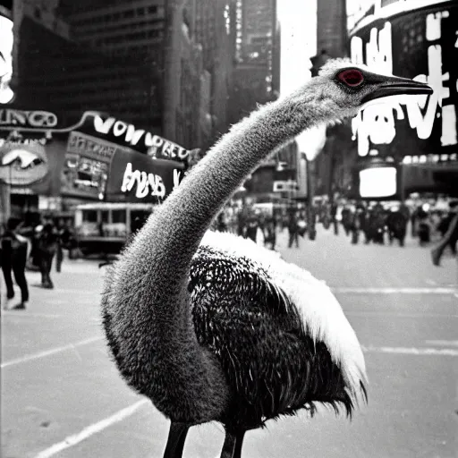 Prompt: black and white flash close - up photograph by weegee of an emu in times square.