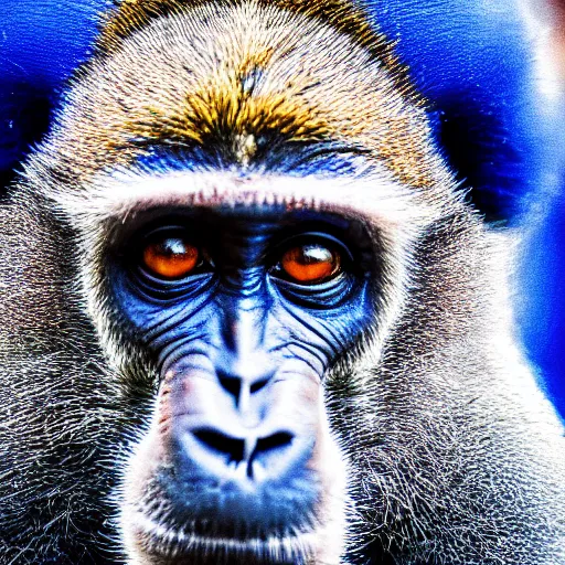 Prompt: photograph of a monkey holding a blue pen towards the camera, 4 k, full hd, highly detailed