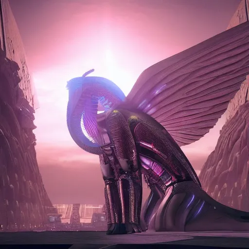 Prompt: a beautiful intricate epic futuristic epic scene of the cyber sphinx of giza, cinematic lighting