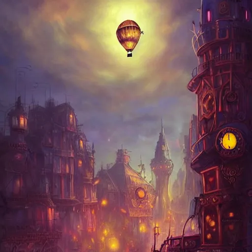 Image similar to a beautiful stunning fantasy whimsical matte digital illustration of a scene of a steampunk hot - air balloon over a lit steampunk!! city at night by marc simonetti, pastel color palette, disney magic the gathering steampunk!!!, chiaroscuro magical! bokeh moon stars dramatic romantic! epic breathtaking, clock tower,, trending on artstation hq, masterpiece