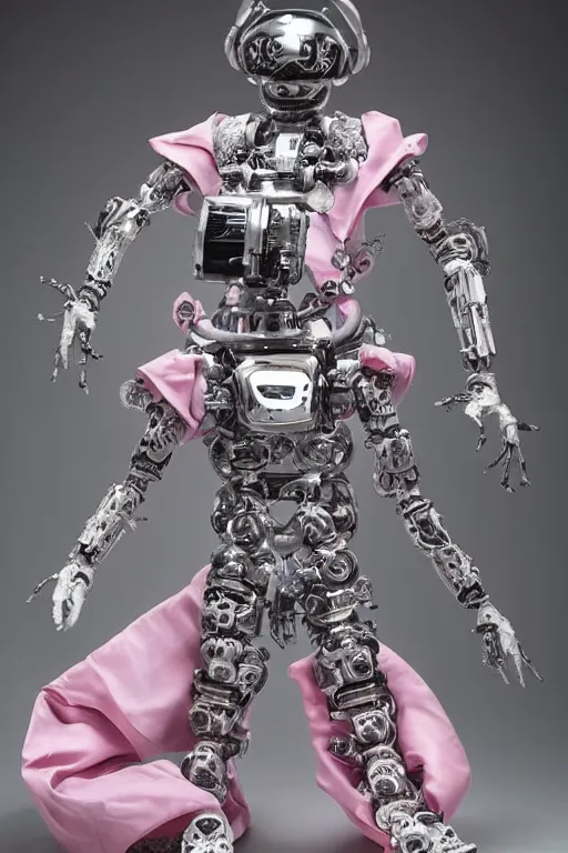 Image similar to full-body rococo and cyberpunk style porcelain and chrome statue of Marcelo Mastro android dotado sim camisa con un novinho gostoso e falling from the sky, glowing white laser eyes, prince crown of pink gears, diamonds, swirling silver-colored silk fabric. futuristic elements. full-length view. space robots. human skulls. intricate artwork by caravaggio. Trending on artstation, octane render, cinematic lighting from the right, hyper realism, octane render, 8k, depth of field, 3D