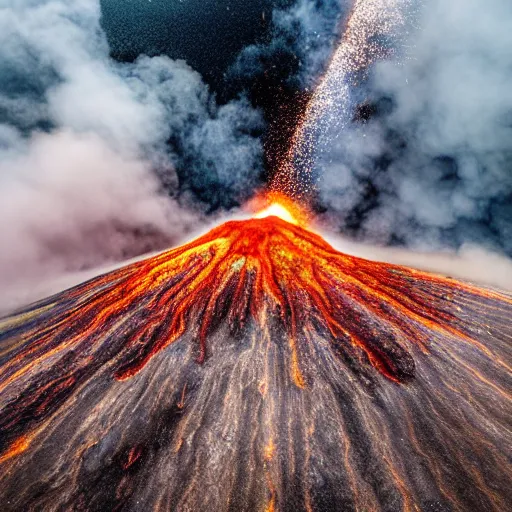 Image similar to meteorite crashing into an active volcano, photography