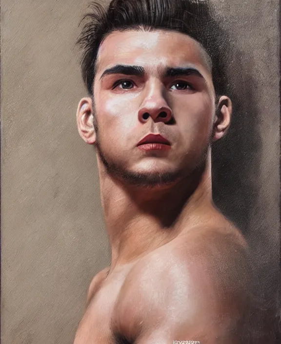 Image similar to portrait of a handsome young spanish wrestler, art by denys tsiperko and bogdan rezunenko, hyperrealism