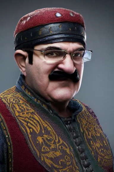 Image similar to very very intricate photorealistic photo of wario with a w on his hat in an episode of game of thrones, photo is in focus with detailed atmospheric lighting, award - winning details