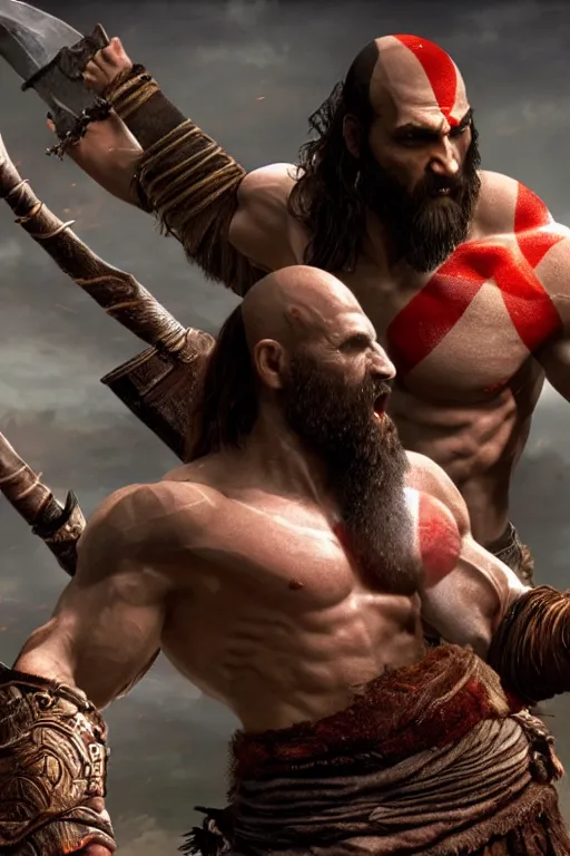 Image similar to film still from god of war, a highly detailed beautiful closeup photo of jason momoa kratos with long windblown wet hair holding a sword and fighting zombies on a pile of human skulls, spartan warrior, olympian god, muscular!,, action pose, ambient lighting, volumetric lighting, octane, fantasy