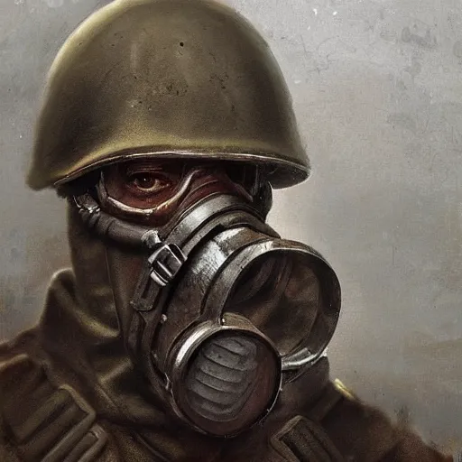 Prompt: a portrait painting of a world war 1 british soldier wearing gasmask, detailed, in the style of greg rutkowski