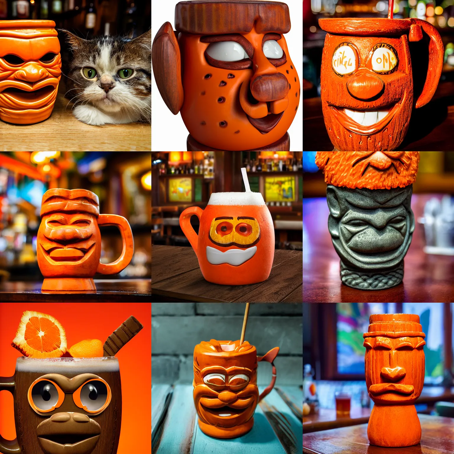 Prompt: a closeup photorealistic photograph of an orange garfield style tiki mug at a trader vic's bar with garfield's face on the front. cat. tiki party. bright scene. fine detail. this 4 k hd image is trending on artstation, featured on behance, well - rendered, extra crisp, features intricate detail, epic composition and the style of unreal engine.