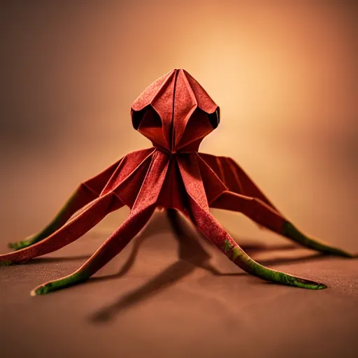 Prompt: an origami octopus god, macro photography, ambient light