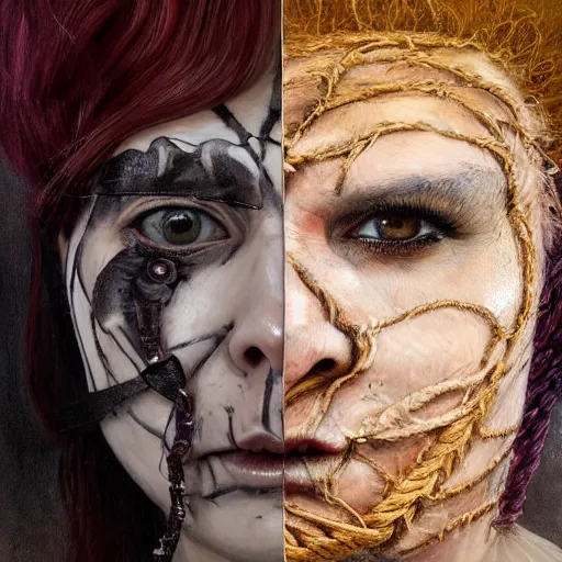 Image similar to portrait of a Shibari rope wrapped face and neck, headshot, insanely nice professional hair style, dramatic hair color, face paint half and half, digital painting, of a old 15th century, old cyborg merchant, amber jewels, baroque, ornate clothing, scifi, realistic, hyperdetailed, chiaroscuro, concept art, art by Franz Hals and Jon Foster and Ayami Kojima and Amano and Karol Bak,