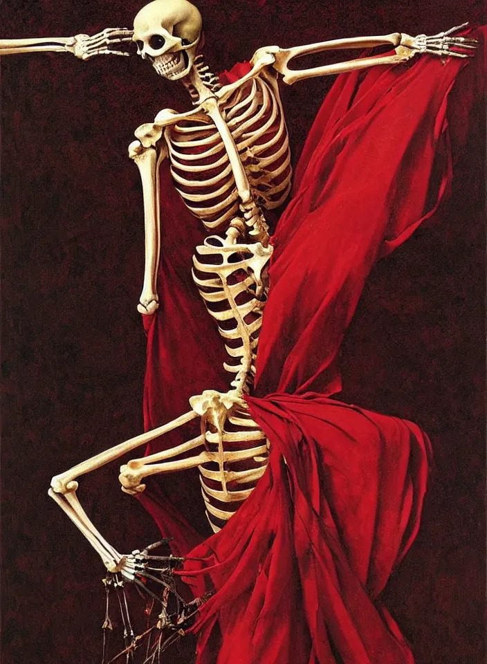 Prompt: a skeleton dressed in dress made of red liquid wax, bones, rose petals, flying birds, dark classic interior, full-length, wide angle, epic, oil painting in a renaissance style , very detailed, red background, painted by Caravaggio, Greg rutkowski, Sachin Teng, Thomas Kindkade, Alphonse Mucha, Norman Rockwell, Tom Bagshaw.