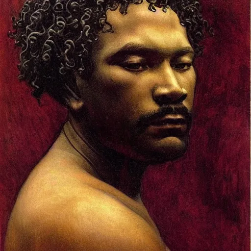 Image similar to masterpiece black man with curly hair sculpture from islamic civilization, by annie swynnerton and diego rivera and nicholas roerich and jean delville and charlie bowater, symbolist, dramatic lighting, god rays, art brut, rich colors, smooth sharp focus, extremely detailed, adolf wolfli and ( donato giancola and bilibin )