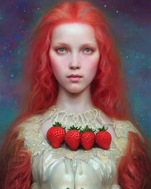 Image similar to strawberry shortcake portrait | highly detailed | very intricate | symmetrical | whimsical and magical | soft cinematic lighting | award - winning | closeup portrait | doll | painted by donato giancola and mandy jurgens and ross tran | pastel color palette | featured on artstation