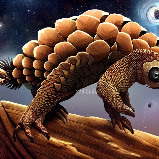 Image similar to an alien cyborg pangolin, digital art, highly detailed, fantasy, space background