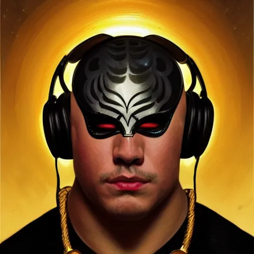 Prompt: portrait of vladimir putid as lucha libre dj, muscular, headphones, thick golden ring around the neck, fantasy, intricate, elegant, highly detailed, digital painting, artstation, concept art, smooth, sharp focus, illustration, art by artgerm and greg rutkowski and alphonse mucha