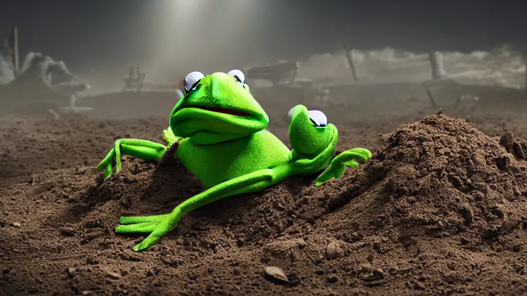 Image similar to A highly photographic render of Kermit the frog digging a grave, rim lighting, cinematic lighting, octane engine, photo realistic image, 4K, super detailed, cinematic look