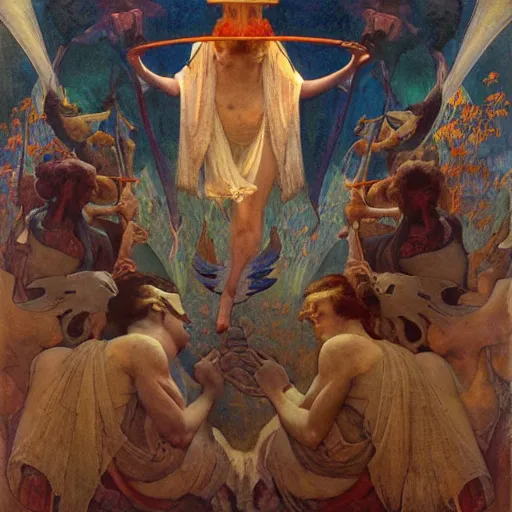 Image similar to war between the house of crows and the house of moths, by Annie Swynnerton and and Nicholas Roerich and Diego Rivera and Maxfield Parrish and Gaston Bussière , symbolist, dramatic lighting, embroidered brocade robes, god rays, rich colors,smooth, sharp focus, extremely detailed