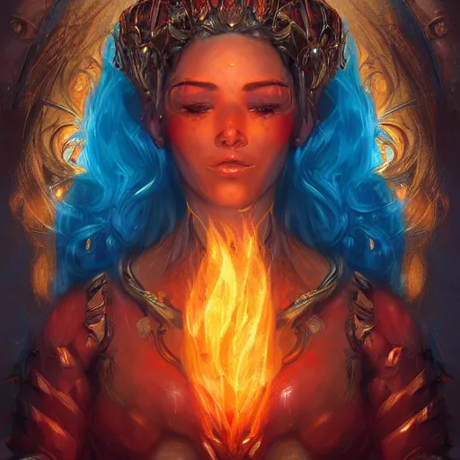 Image similar to A stunning portrait of a flame goddess by Andrews Esao, fantasy, Trending on artstation.