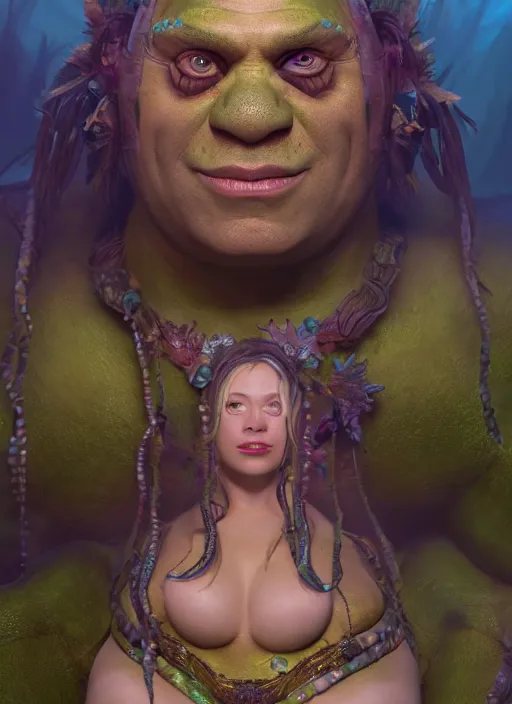 Image similar to underwater portrait of shrek as the naga queen, naturel, hyper detailed, digital art, trending in artstation, cinematic lighting, studio quality, smooth render, unreal engine 5 rendered, octane rendered, art style by klimt and nixeu and ian sprigger and wlop and krenz cushart.