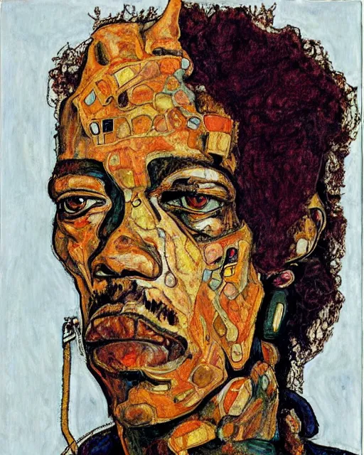 Image similar to portrait of cyberpunk jimi hendrix by egon schiele in the style of greg rutkowski