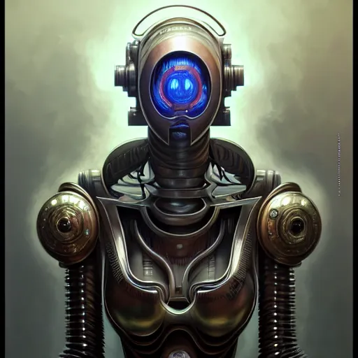 Image similar to front shot of a cyberpunk gazmask robot character, intricate, elegant, highly detailed, centered, digital painting, artstation, concept art, smooth, sharp focus, illustration, artgerm, Tomasz Alen Kopera, Peter Mohrbacher, donato giancola, Joseph Christian Leyendecker, WLOP, Boris Vallejo