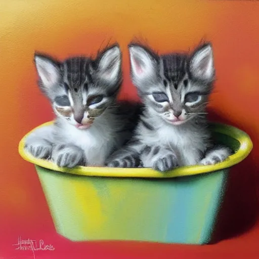 Prompt: two kittens sleeping in a basket, spray paint, warm color palette, happy