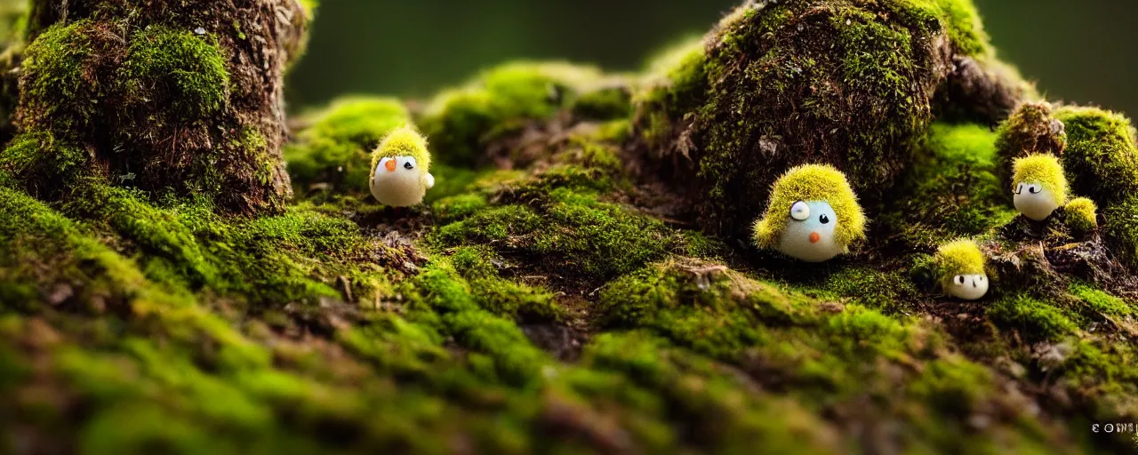Image similar to tiny cute mossy forest creatures by bobby chiu, at sunset, macro photography, goro fujita, cute, adorable, cinematic