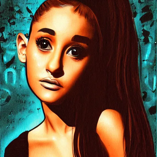 Prompt: portrait of ariana grande by R. Crum and Dave McKean