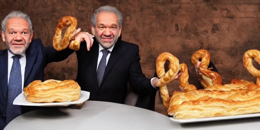 Image similar to alan sugar with really long arms holding some pastry pets