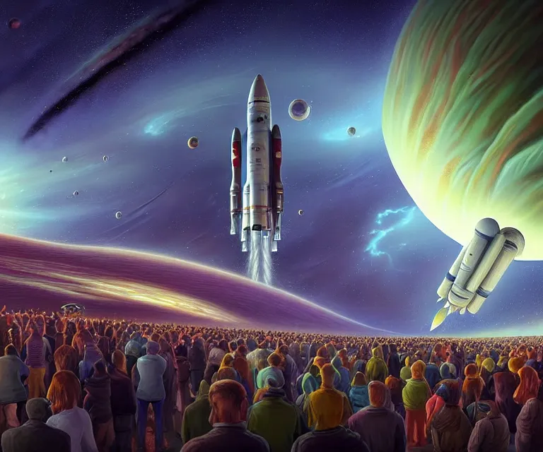 Image similar to hyper detailed 3d render like a Oil painting - crowds cheer at a spaceport on a beautiful faraway planet as a rocket blasts off, large gas giant in the dramatic nebula-filled alien sky, retrofuturistic science fiction vibe, by Jacek Yerka, Mariusz Lewandowski, Houdini algorithmic generative render, Abstract brush strokes, Masterpiece, Edward Hopper and James Gilleard, Zdzislaw Beksinski, Mark Ryden, Wolfgang Lettl, hints of Yayoi Kasuma, octane render, 8k, wide angle shot