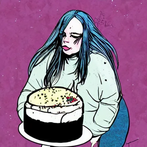 Image similar to Obese Billie Eilish eating cake in the style of Sandman comic