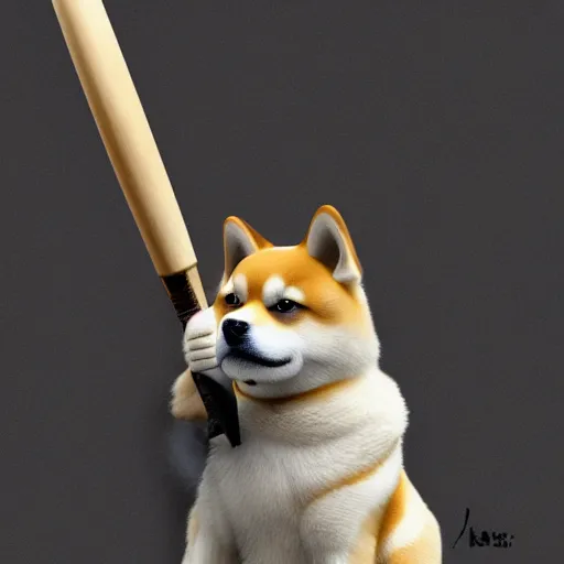 Image similar to shiba inu holding a baseball bat on his hand, cinematic lightning, 4 k, ultra detailed, trending on artstation, masterpiece, digital art.