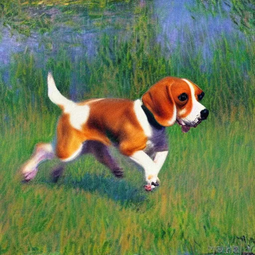 Image similar to impressionist art of a beagle dog running in the field in style of claude monet