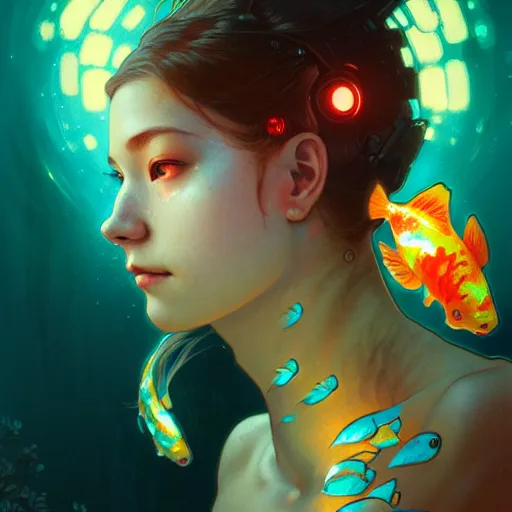 Image similar to Portrait of a cyborg girl surrounded by glowing Koi fish, face, fantasy, intricate, elegant, highly detailed, digital painting, artstation, concept art, smooth, sharp focus, illustration, art by Krenz Cushart and Artem Demura and alphonse mucha