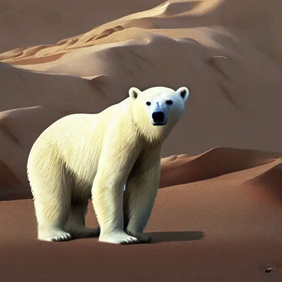 Image similar to polar bear in the desert painting by craig mullins octane rendering soft morning lighting wide angle lens in the style of hayao