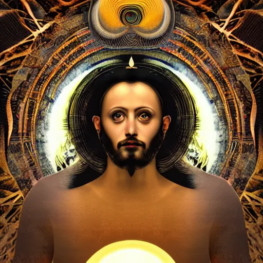 Image similar to symetrical, a majestic photograph of the king of agharta, land of advanced races, giant, hollow earth infographic, illustrations, a big shell with a sun in the interior, dynamic lighting, digital art, fantastically beautiful, illustration,, closeup, aesthetically inspired by leonardo da vinci, trending on artstation, art by daniel merriam, 8 k, upscale