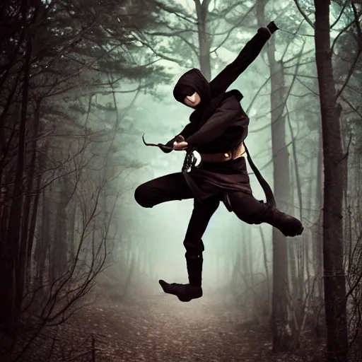 Image similar to a ninja in a moody forrest jumping, anime, steampunk, insanley detalied